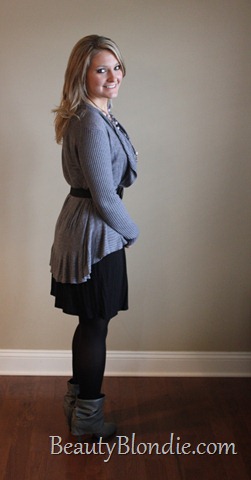 Black Dress with Long Grey Sweater, Black Belt and Grey Boots 2