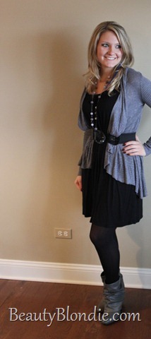 Black Dress with Long Grey Sweater, Black Belt and Grey Boots