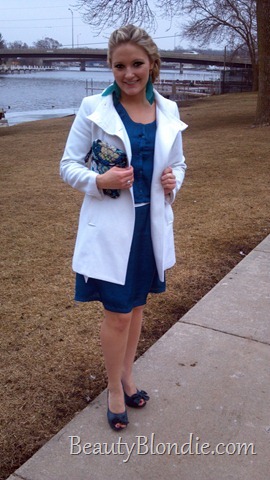 Teal Dress, Vera Purse, Teal Feather Earings with a White Coat and Teal Heals