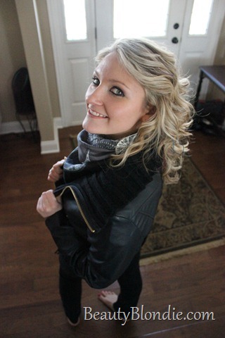 Black Leather Coat with a Grey Scarf and Big Curly Hair
