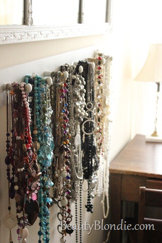 How to Organize A Lot of Colorful Necklaces. Red, Teal, Blue, Silver, Grey, Glod, Black and White with a Mirror and a Desk
